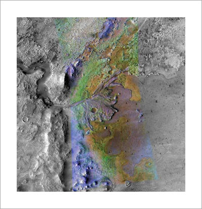 The delta in Jezero crater, a past lake on Mars. Ancient rivers ferried clay-like minerals (shown in green) into the lake, forming the delta. The clays then were trapped by rocks (purple). Credit: NASA/JPL/JHUAPL/MSSS/Brown University
