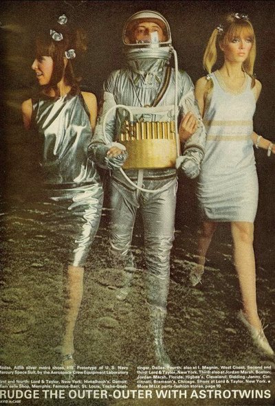 The Fashionable Astrotwins- November 1965 fashion spread from Mademoiselle features a prototype of the Mercury Space Suit - photo by David McCabe