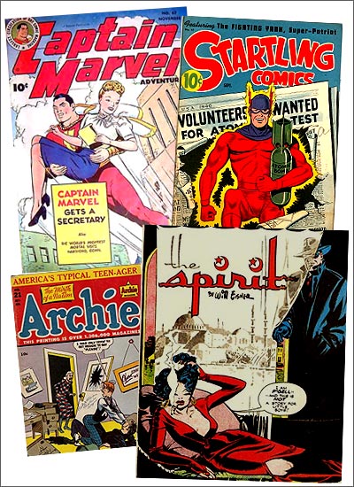 Comic Books 1946: Shown on top is Captain Marvel Adventures #67 in which the captain gets a secretary, on the left is Startling Comics #41 which features the newspaper headline ‘Volunteers Wanted for Atomic Tests’, below is America’s typical teenager Archie and to the right is a cover from Will Eisner’s The Spirit, Oct. 6, 1946. 