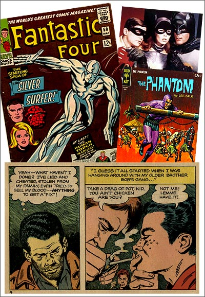 Comic Books 1966: Forty years ago the Silver Surfer (top left) was introduced for the first time, and on the top right fanboys were watching Batman on TV in FULL COLOR and reading 'The Fantom' by Lee Falk (shown on the middle right). In 1966 comic books tackled heroin abuse, shown below are two panels from 'Hooked!'.