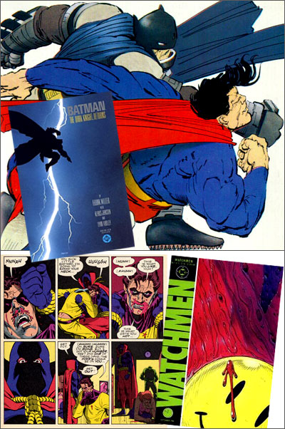 Comic Books 1986: Twenty years ago the graphic novel started to impress comic book fanboys like myself: A cover and a close up of Batman punching Superman from ‘Batman: The Dark Knight Returns’ (shown above), and some interior panels and a cover from ‘the Watchman’ (shown below).