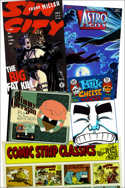 Comic Books from 1996: Ten years ago comic book fanboys were into (from top to bottom and left to right): 'Sin City: The Big Fat Kill', 'Kurt Busiek's Astro City #6', 'Acme Novelty Library #6', 'Milk & Cheese #666', and comic strip themed stamps from the U.S. Postal Service.