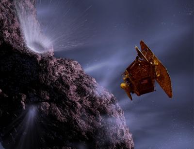 Artist rendering of Deep Impact spacecraft on its flyby of Tempel 1. Courtesy of NASA/JPL/UMD Artwork by Pat Rawlings.