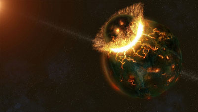 The moon formed from Earth fragments after a collision with a giant, Mars-size asteroid relatively late in our planet's formation, a new analysis of moon rocks has revealed. The crash—shown above in this hypothetical rendering—occurred 30 million years later than previously believed, scientists say. Illustration courtesy Fahad Sulehria, www.novacelestia.com