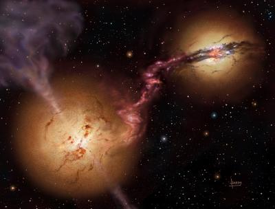 Artist's conception of the 4C60.07 system of colliding galaxies. The galaxy on the left has turned most of its gas into stars, and the black hole in its center is ejecting charged particles in the two immense jets shown. The galaxy on the right also has a black hole causing the galaxy's central region to shine, but much of its light is hidden by surrounding gas and dust. Vast numbers of stars are forming out of the gas and dust, and some of the material is being pulled away from the galaxy. - David A. Hardy/UK ATC