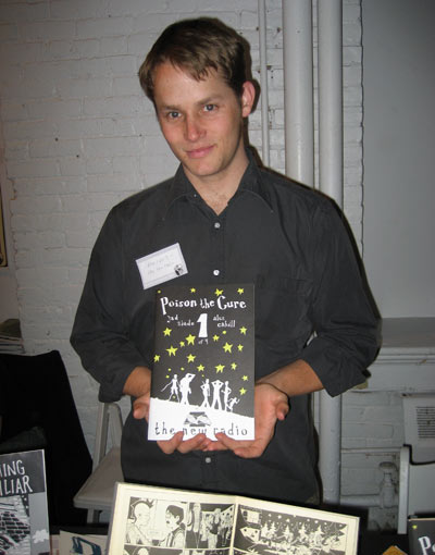 Artist Alex Cahill poses with a copy of Posion the Cure #1 at MoCCA 2007, not shown here is writer Jad Ziade the other half of the Rowdy Boiz who run New Radio Comics.