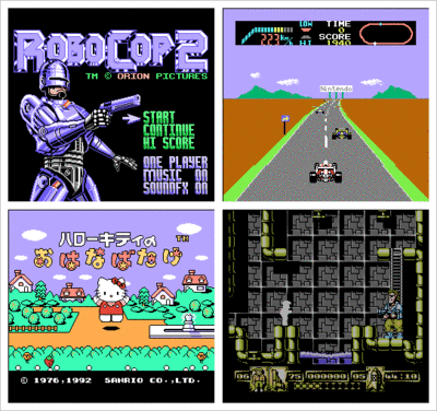 8 Bit Nintendo Games - screen shots from RoboCop 2, F-1 Race, Hello Kitty no Ohanabatake and James Bond Jr.