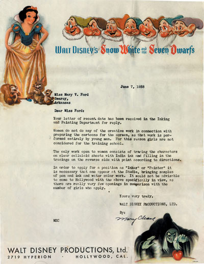Sexist Disney Rejection Letter circa 1938