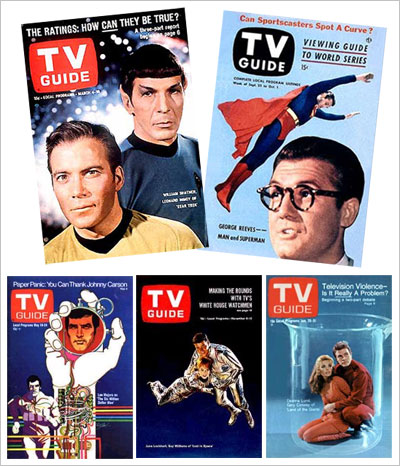 TV Guide magazine covers for Star Trek, Superman, the Six Million Dollar Man, Lost in Space, and Land of the Giants.