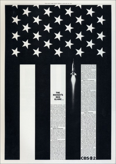 Newspaper ad designed by Lou Dorfsman from 1962 showcasing the CBS News coverage of the John Glenn space flight.