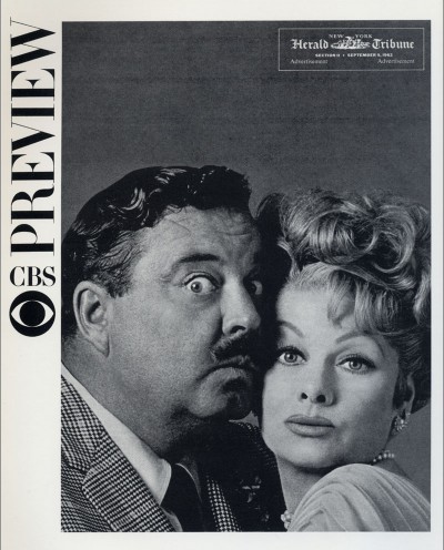 Cover of a newspaper advertorial designed by Lou Dorfsman from 1962 which introduced the new fall schedule which included comedy greats Jackie Gleason and Lucille Ball.