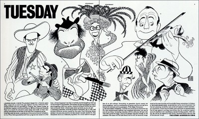 A two page spread from a newspaper advertorial designed by Lou Dorfsman from 1963 which introduced the new fall schedule. The illustrations are by the legendary caricaturist Al Hirschfeld.