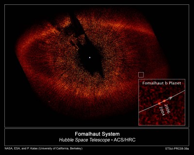 Astronomers using NASA's Hubble Space Telescope have taken the first visible-light snapshot of a planet orbiting another star. The images show the planet, named Fomalhaut b, as a tiny point source of light orbiting the nearby, bright southern star Fomalhaut, located 25 light-years away in the constellation Piscis Australis. An immense debris disk about 21.5 billion miles across surrounds the star. Fomalhaut b is orbiting 1.8 billion miles inside the disk's sharp inner edge.