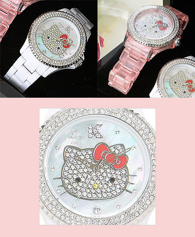 The 2009 Hello Kitty collector edition Swarovski crystal encrusted watches have arrived. These pink and white wristwatches are designed in Italy by Vabene and manufactured in Japan by Citizen. Citizen's quality is high and the Swarovski crystals shine. Cheaper than the $3000 Neiman Marcus diamond-crusted Hello Kitty watch, still very well done, and makes a great present... to yourself.