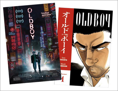Oldboy: Poster of the Korean film 올드보이 of the left and cover of the Japanese manga オールド・ボーイ on the right