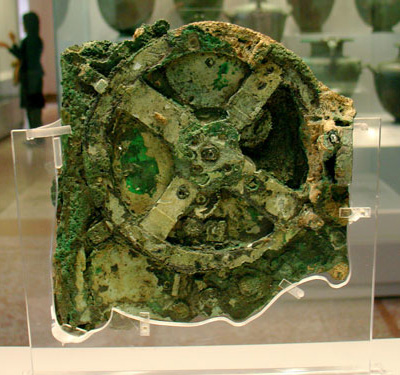 The largest recovered fragment of the Antikythera mechanism, in the National Archaeological Museum in Athens