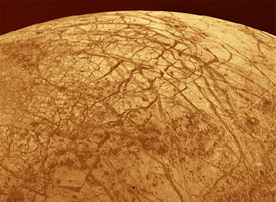The icy surface of Europa, the moon of Jupiter as seen from the Voyager spacecraft in 1996