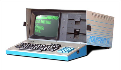 The Kaypro II from 1982 wasn't the first portable computer (that was the Osborne) but for jus $1,595 and weighing 26 pounds it could be carried to a science fiction convention in your hood.