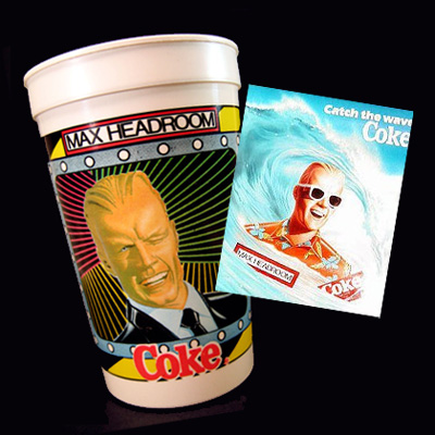 Max Headroom for Coke: A vintage plastic cup and a promotional poster