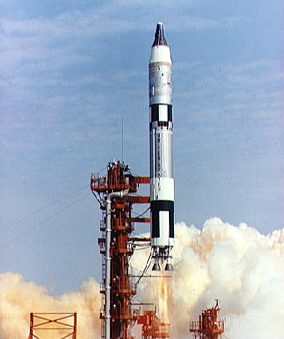 Launching of the first manned Gemini flight, Gemini-Titan 3: Launching of the first manned Gemini flight. The Gemini-Titan 3 lifted off pad 19 at 9:24 a.m. The Gemini 3 spacecraft "Molly Brown" carried astronauts Vrigil I. Grissom, command pilot, and John W. Young, pilot, on three orbits of earth.