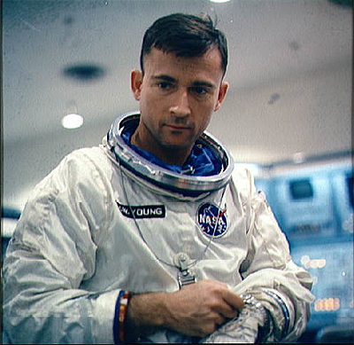 Astronaut John W. Young, the pilot of the Gemini-Titan 3 prime crew, is shown suited up for GT-3 pre-launch test exercises.