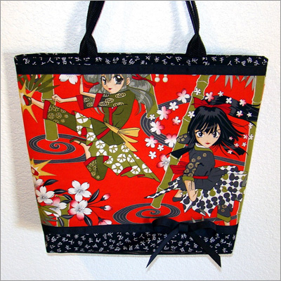 Anime pin-up girls, Chic kawaii ninja teens on red, large tote bag with key leash