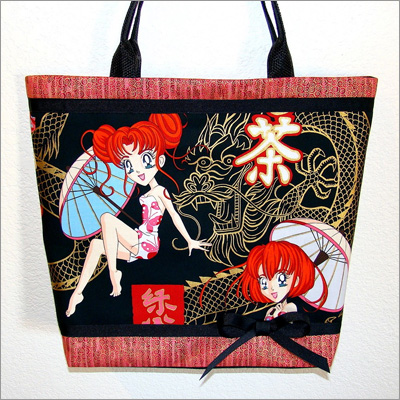 Kawaii Dragon Princess, chic anime pin-up girls, bright red floral, large tote bag with key leash
