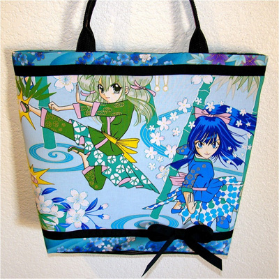 Anime pin-up girls, Chic kawaii ninja teens on blue, large tote bag with key leash