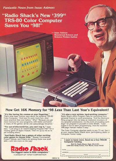 Asimov selling the Radio Shack TSR80 Color Computer