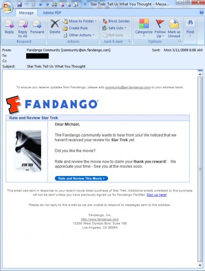 Fandango: We want your Star Trek review or we'll just keep spamming you some more! Fandango: We want your Star Trek review or we'll just keep spamming you some more!