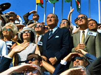 Former President Lyndon B. Johnson and then-current Vice President Spiro Agnew are among the spectators at the launch of Apollo 11, which lifted off from Pad 39A at Kennedy Space Center at 9:32 am EDT on July 16, 1969. The crew, the first of the Apollo missions to land on the moon, safely returned to Earth on 37 years ago this week on July 24, 1969.