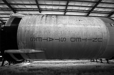 The rusting hulk of a Saturn V rocket