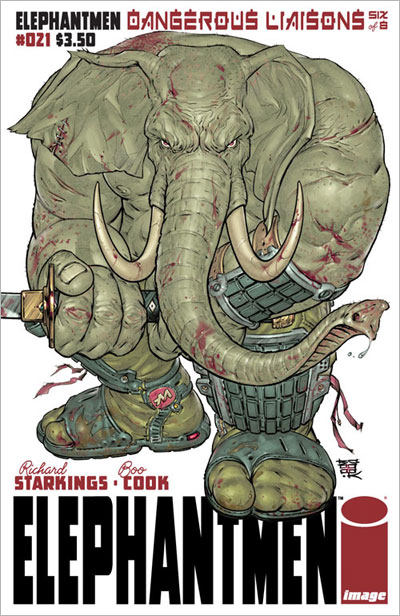 Elephantmen #21: Cover illustration by Boo Cook and Ian Churchill