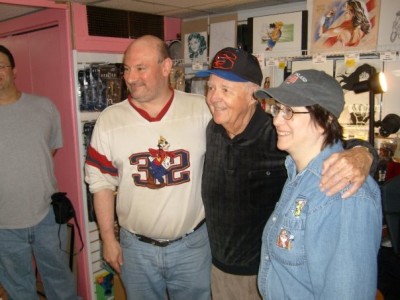 Comic Fusion owners Bill Meccia and Stacy Korn (sides) with Marvel legend Joe Sinnott (center)