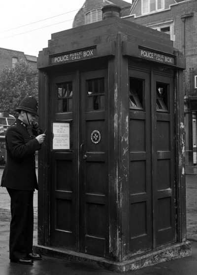 a Tardis-like Metropolitan Police Box in Hammersmith,  London circa 1948. 