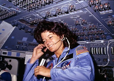 Sally Ride America's first woman astronaut communicates with ground controllers from the flight deck during the six day mission of the Challenger. National Aeronautics and Space Administration.